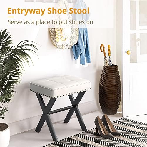LUE BONA White Vanity Stool - Square Faux Leather Makeup Seat With Metal X Le...