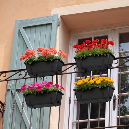 4 Pcs Hanging Flower Pots, 16.9 Inches Railing Planter Box, Black