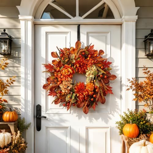 Autumn Harvest Wreath for Front Door 26 Inch, Fall Decor with Orange Dahlias ...
