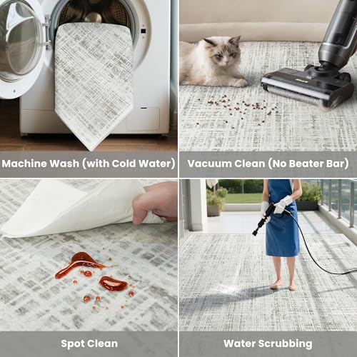 8x10 Washable Area Rug for Living Room Bedroom: Non-Slip Modern White Gray