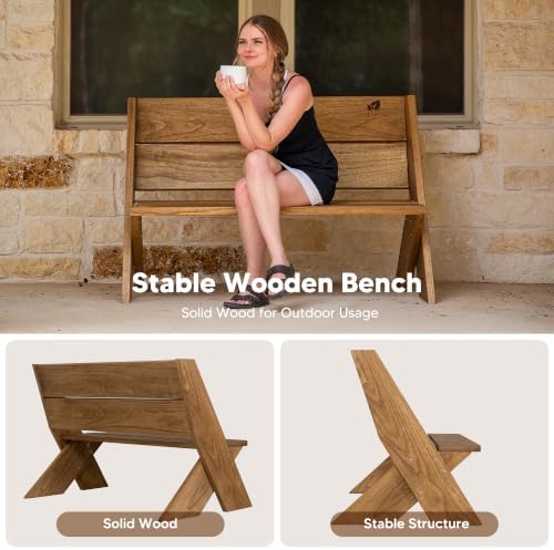 SUNCREAT Outdoor Patio Wooden Bench, Weatherproof Porch Bench, Brown