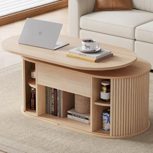 LINSY Lift Top Coffee Table, Oval Fluted Coffee Table with Storage, Boho Wood...