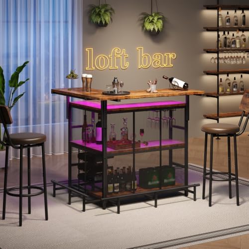 HOOBRO Home Bar Unit, L-Shaped Bar Table with Glasses Holder & 4-Tier She...