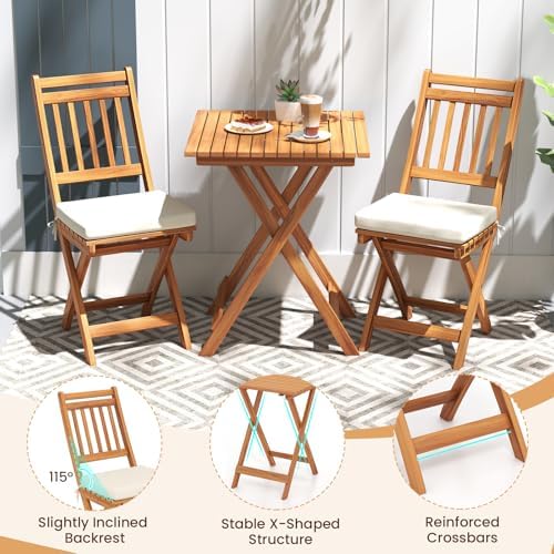 KOTEK Outdoor Folding Bistro Set, 3 Pieces Acacia Wood Bistro Set with Soft C...
