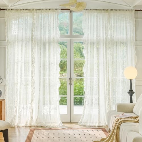 TUDECO Ruffle Curtains 2 Panels - Vintage Tulle Floral Lace Cream Sheer Curta...