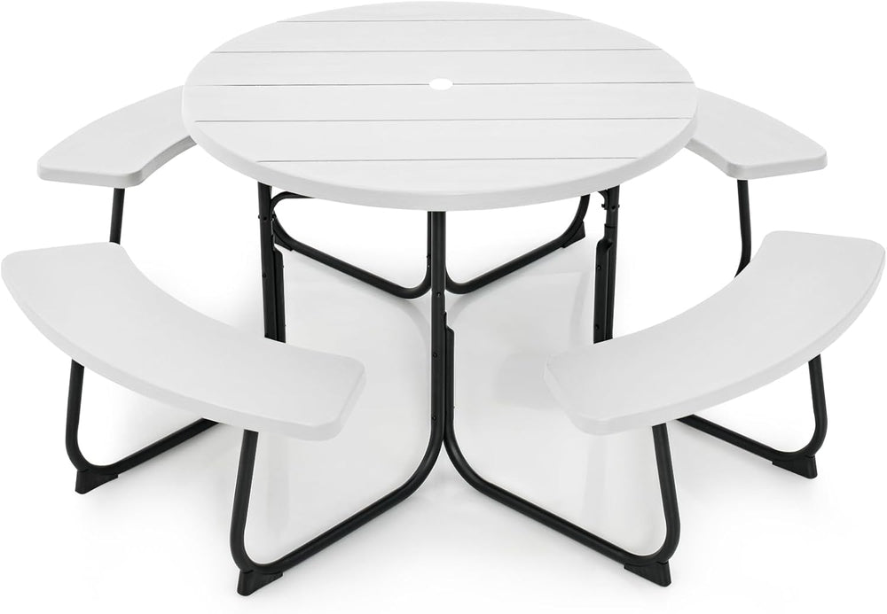 Tangkula 8 Person Picnic Table, Outdoor Round Picnic Table with 4 Built-in Be...