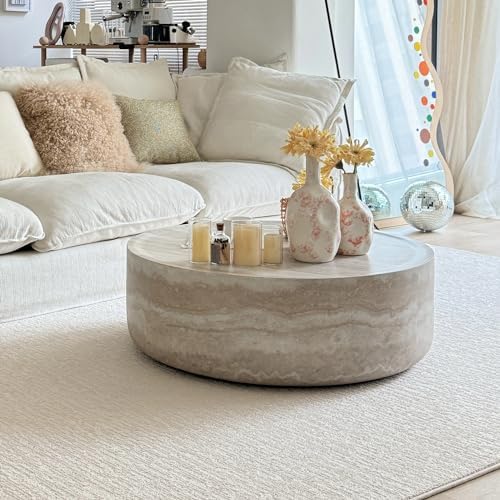 ø31.5'' Round Stone Coffee Table for Living Room, Modern Drum Circle ...