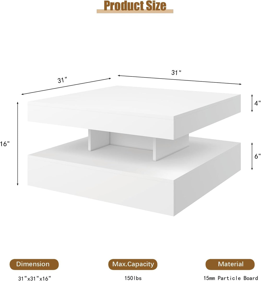 HedoAjim White LED Coffee Table for Living Room, 2-Tier Square Center Table L...