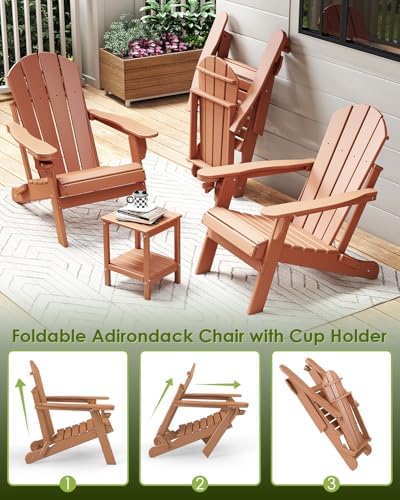 GREENVINES Folding-Adirondack-Chairs Set of 2, HDPE All Weather, Teak