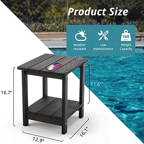 LUE BONA Outdoor Side Table, 2-Tier HDPS Small Patio Table, Black