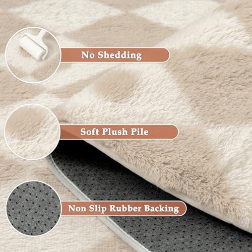 PureCozy Beige 6x9 Area Rug for Living Room Soft Checkered Shag Carpet