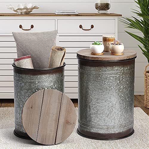 Rustic Storage Ottoman Seat Stool, Farmhouse Accent Side Table, Antique Galva...