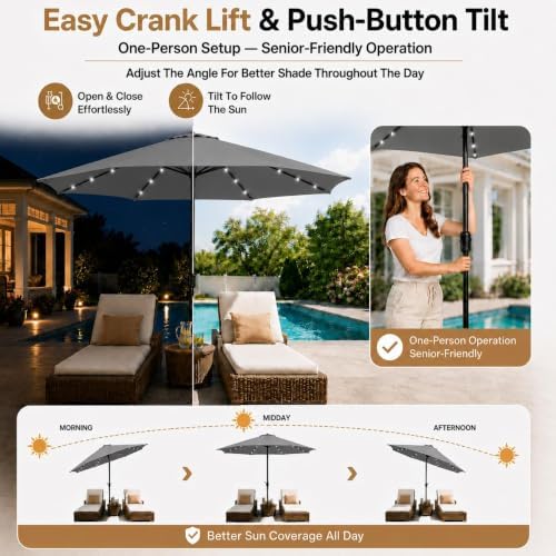 Yaheetech 9FT Solar Patio Umbrella w/Push Button Tilt & Crank, Gray