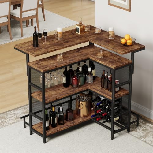 HOOBRO Home Bar Unit, L-Shaped Bar Table with Glasses Holder & 4-Tier She...