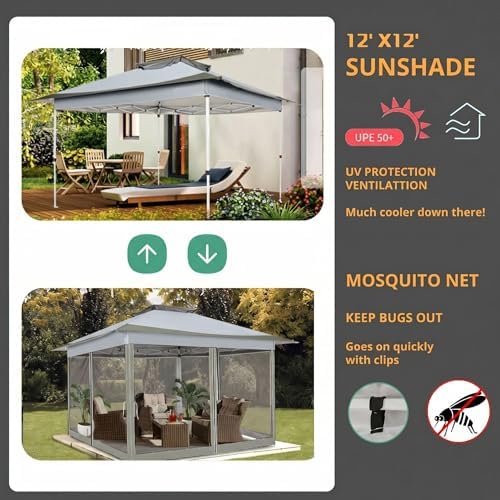 COBIZI 12x12 Pop Up Gazebos On Clearance - Portable Gazebo with Mosquito Nett...