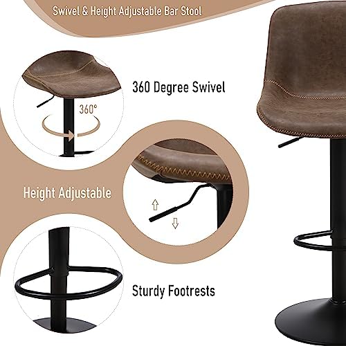 Swivel Bar Stools Set 2, Adjustable Height Suede-Like Leather Brown