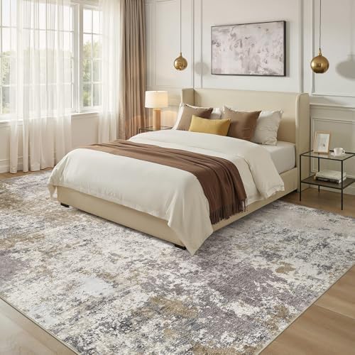 Nakagishi 10X14 Abstract Washable Area Rugs for Living Room-Brown Grey