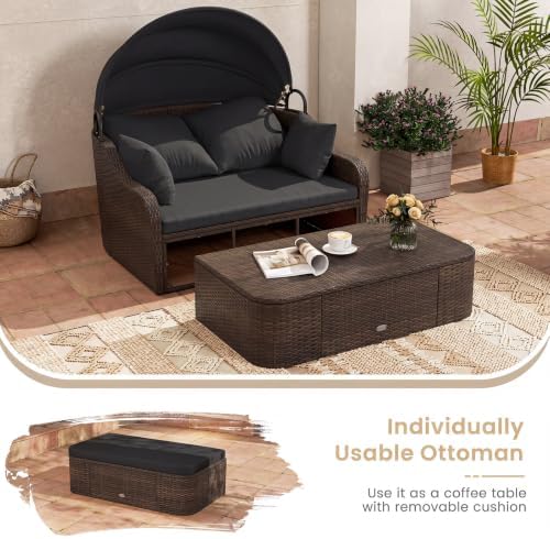 Tangkula PE Rattan Patio Daybed with Retractable Canopy, Double Lounge Bed