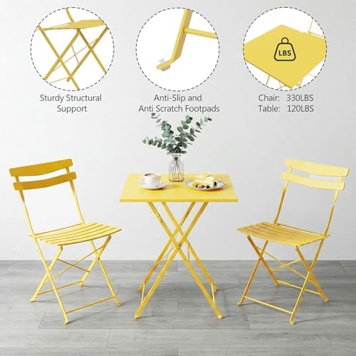 IDEALHOUSE Bistro Table and Chairs Set of 2, Folding Design, Yellow