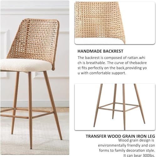Rattan Counter Height Bar Stools Set of 2, 26" Boucle Fabric Upholstered...