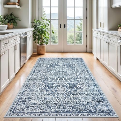 KUTA Floral Area Rug 4x6 Living Room Washable Rugs Vintage Blue White