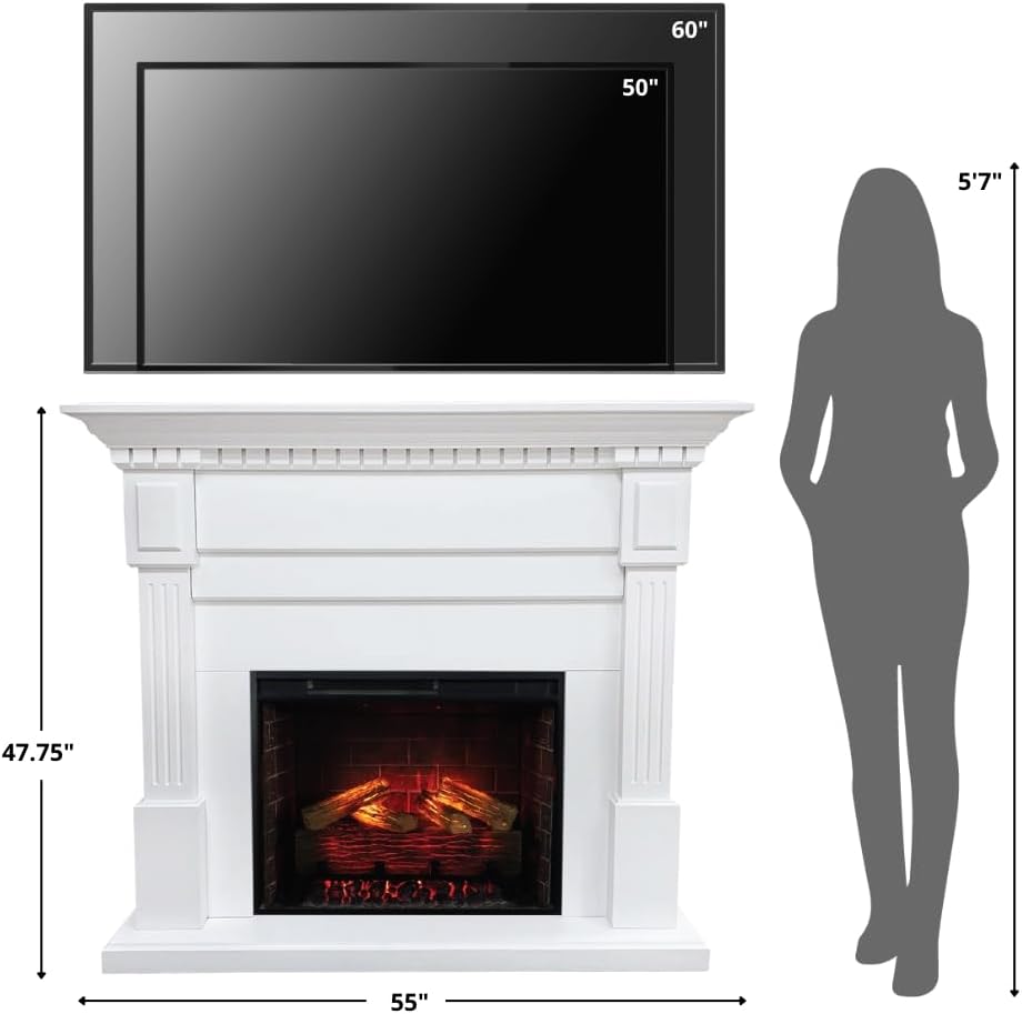 Modern Ember Augustine White Mantel Package 55" W x 48" H with 28 I...