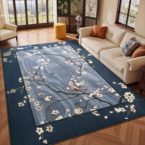 6x9 Navy Blue Oriental Floral Bird Butterfly Print Area Rug
