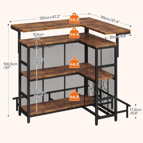 HOOBRO Home Bar Unit, L-Shaped Bar Table with Glasses Holder & 4-Tier She...