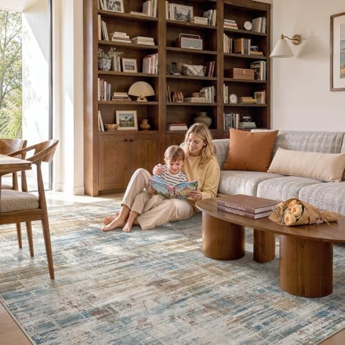 UERMEI 9x12 Area Rug for Living Room Washable Abstract Blue Brown Carpet