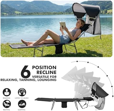 Backpack Beach Tanning Lounge Chair with Canopy Shade Face Hole Padded Adjust...
