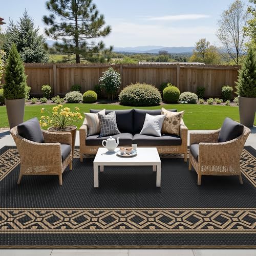 GENIMO Outdoor Rug, Waterproof Plastic Rugs for Patio, 6'x9' Black Brown
