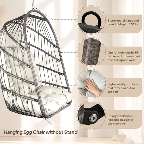 Chihee Egg Chair Foldable Wicker Rattan Hanging Swing Chair Indoor Outdoor Pa...