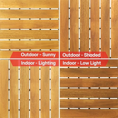 Acacia Wood Interlocking Deck Tiles, Waterproof Patio Tiles, 9 PCS- Golden