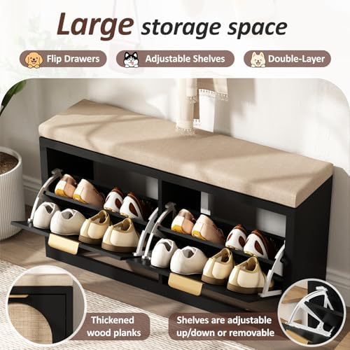 Rattan Narrow Entryway Bench with Shoe Storage, 2 Flip Drawers & Coat Rac...