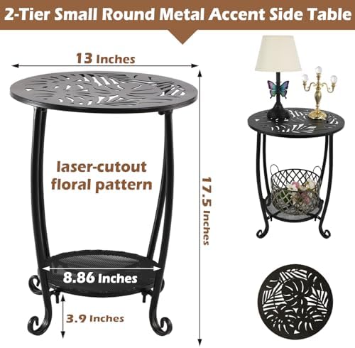 2-Tier Metal Round Side Table Set of Two Black Accent Coffee Tables Small Spa...
