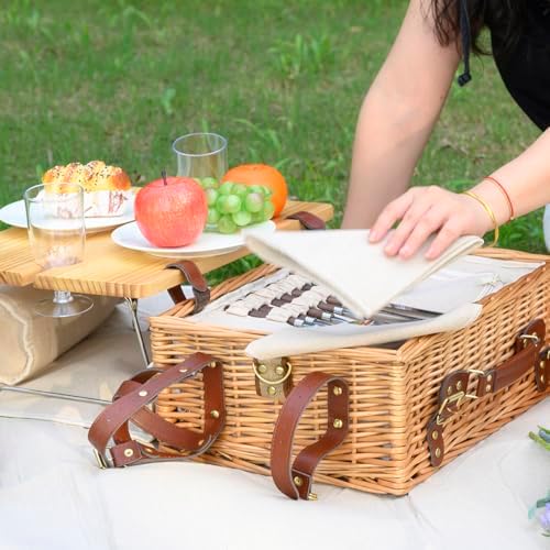 Multifunctional Wicker Picnic Basket Set for 4 with Blanket and Picnic Table,...