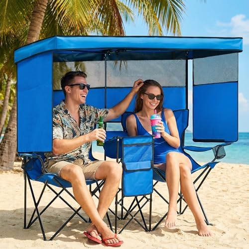 Double Beach Chair with Canopy Shade Oversized Camping Chairs with Canopy, Co...