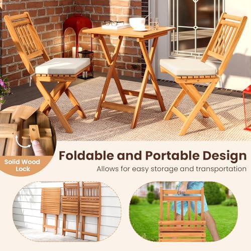 KOTEK Outdoor Folding Bistro Set, 3 Pieces Acacia Wood Bistro Set with Soft C...