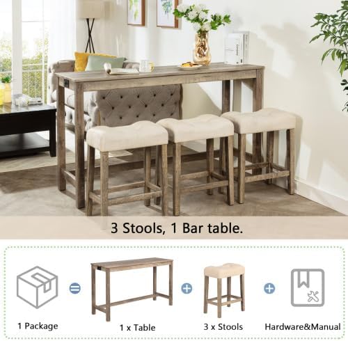 KEIKI 4-Piece Bar Table Set with Charging Ports, 59" Industrial Kitchen ...