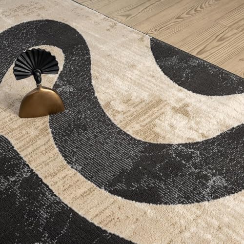 Beige Black Swirl Modern Area Rug – 9' x 12' – Contemporary Abstract ...