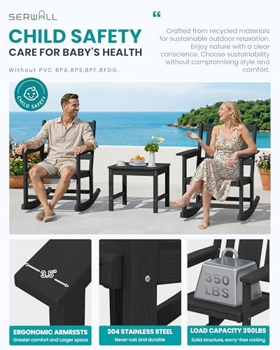 SERWALL 3-Piece Patio Furniture Set with 2 Rocking Chairs & Table, Black