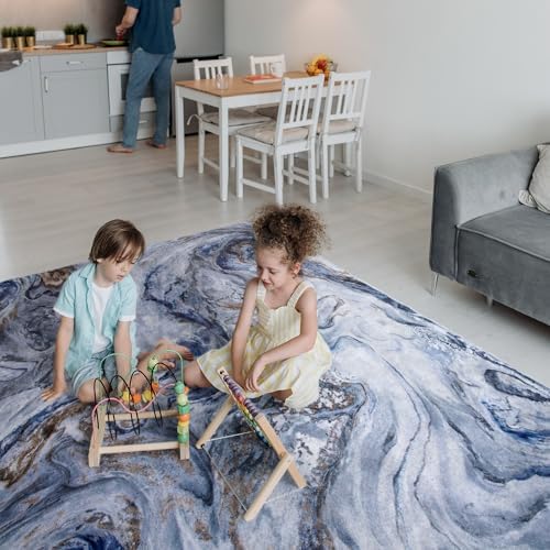 PADOOR Abstract 9'x12' Area Rug, Washable Non-Slip Low Pile, Marble Blue