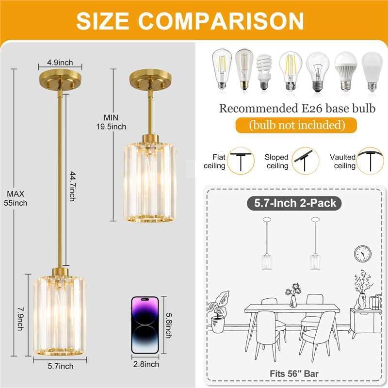2 Pack Pendant Lights Kitchen Island, Modern Gold Pendant Light Fixtures, Min...