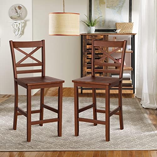 COSTWAY 25'' Wooden Counter Height Barstools Set of 2 with Slatted Ba...