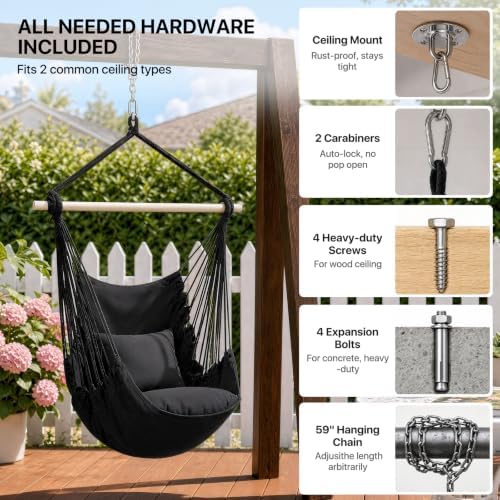 Athena Collection Hammock Chair Hanging Rope Swing, Black