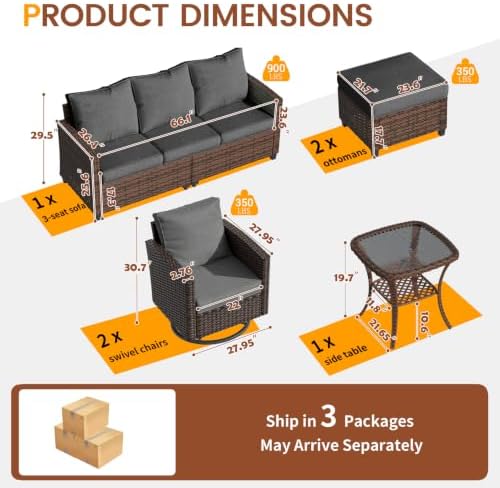 UDPATIO Patio Furniture Set with Swivel Rocking Chair, 6 Pcs Outdoor Couch