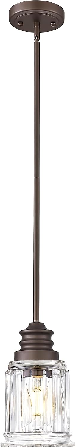 Farmhouse Pendant Light for Kitchen Island, HWH Oil-Rubbed Bronze Finish Pendant Light, Single 1-Light Hanging Light Fixture, Bell-Shaped Fluted Clear Glass, 5HZG106MIL-L ORB