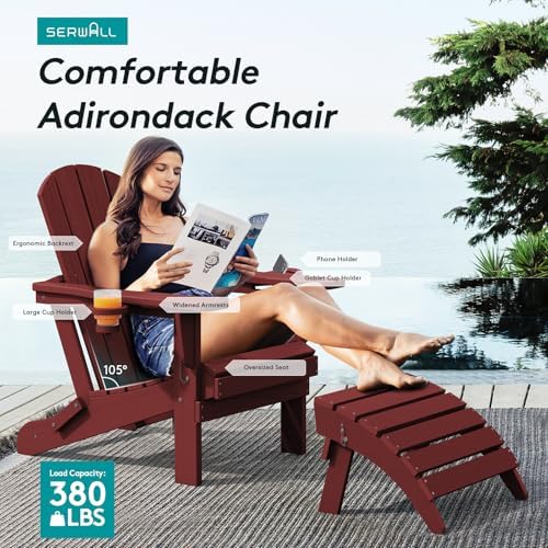SERWALL Outdoor Adirondack Chair Set of 2 with 2 Cup Holders,Foldable,Red