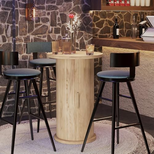 Round Bar Table with 3-Tier Hidden Storage Shelves Slide Door, 36.4''...