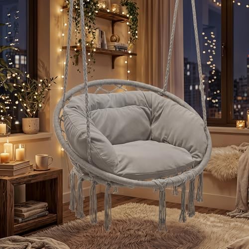Magshion Macrame Hanging Hammock Chair with Cozy Full Cushion, Gray